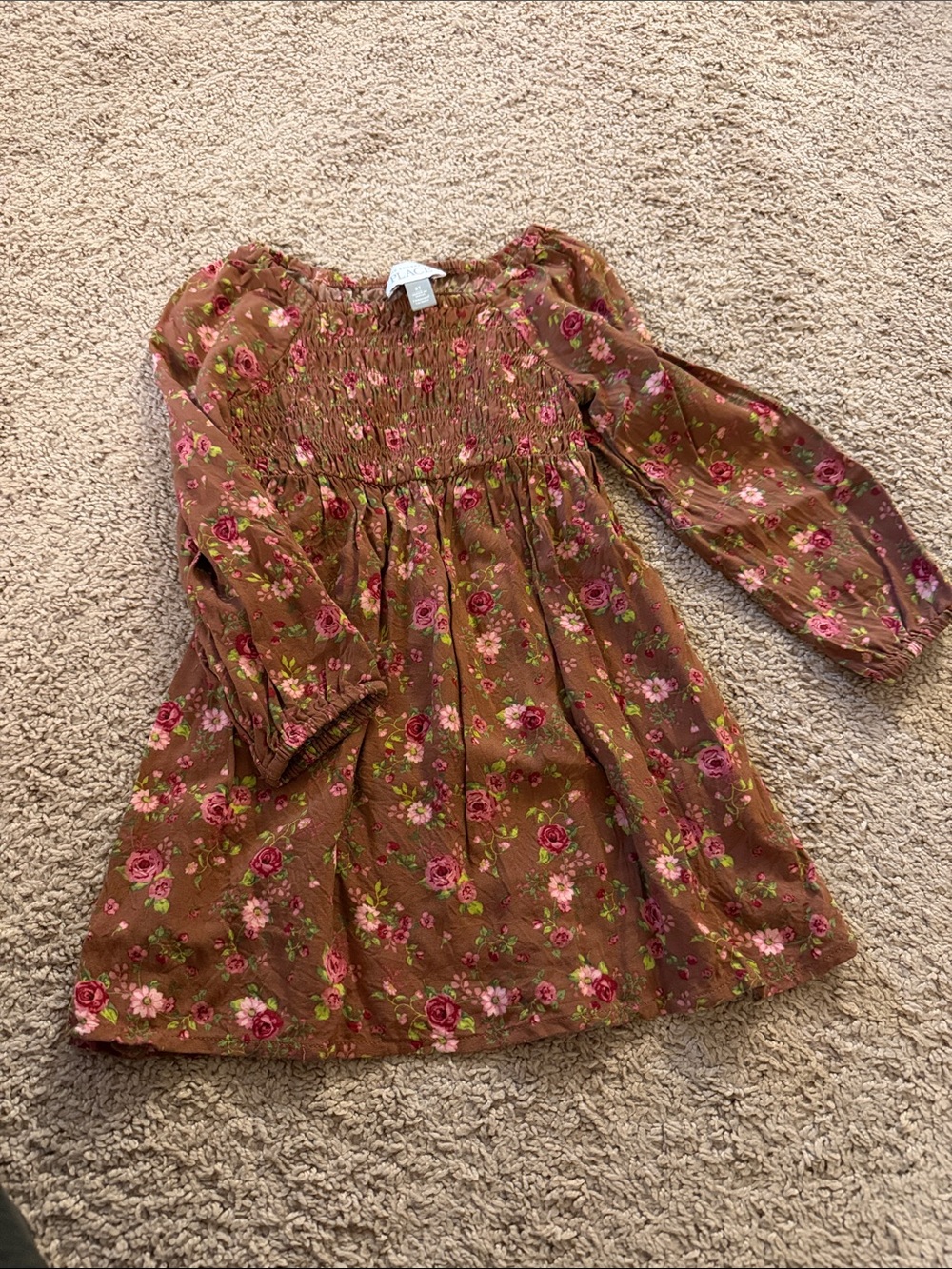 The Children's Place Brown Floral Smocked Long-Sleeve Dress with Pink Roses